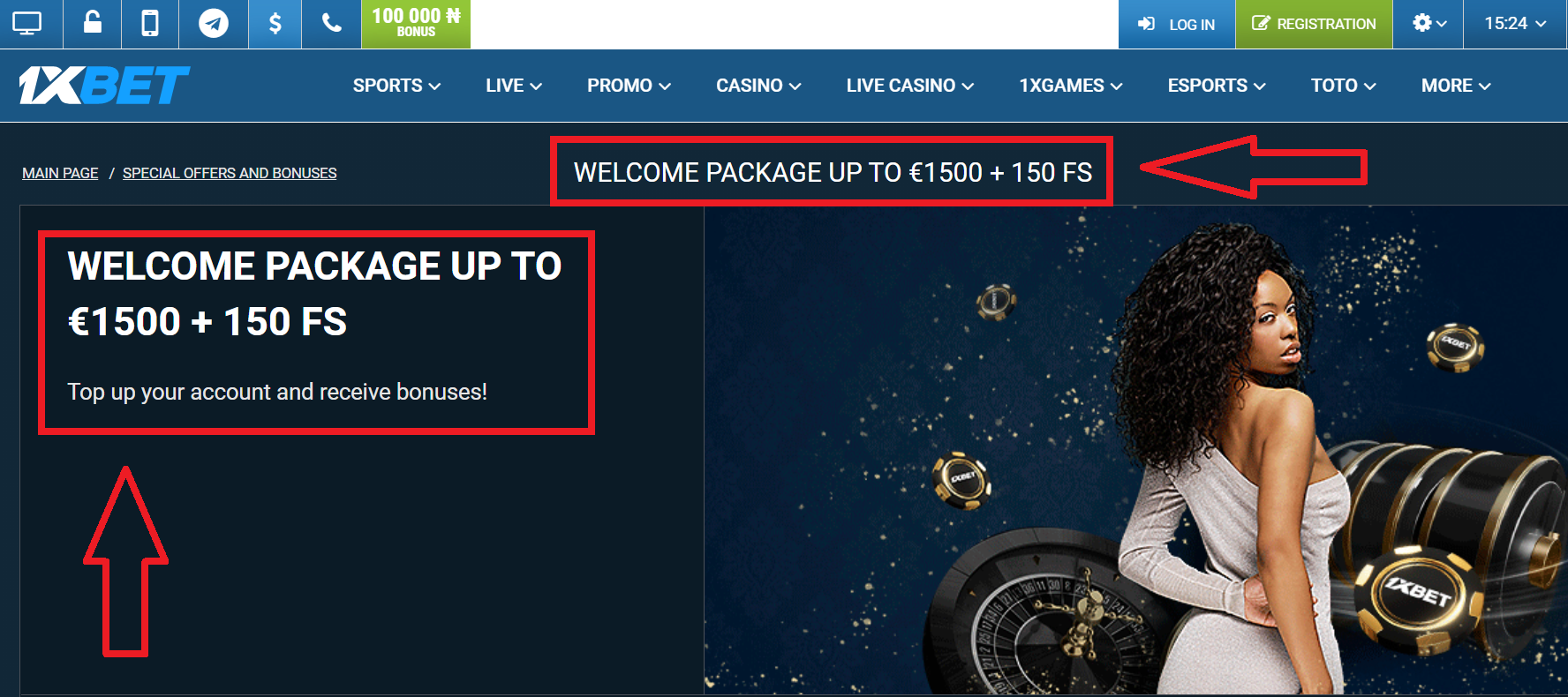 The types of welcome bonus the bettor can get from 1xBet Nigeria